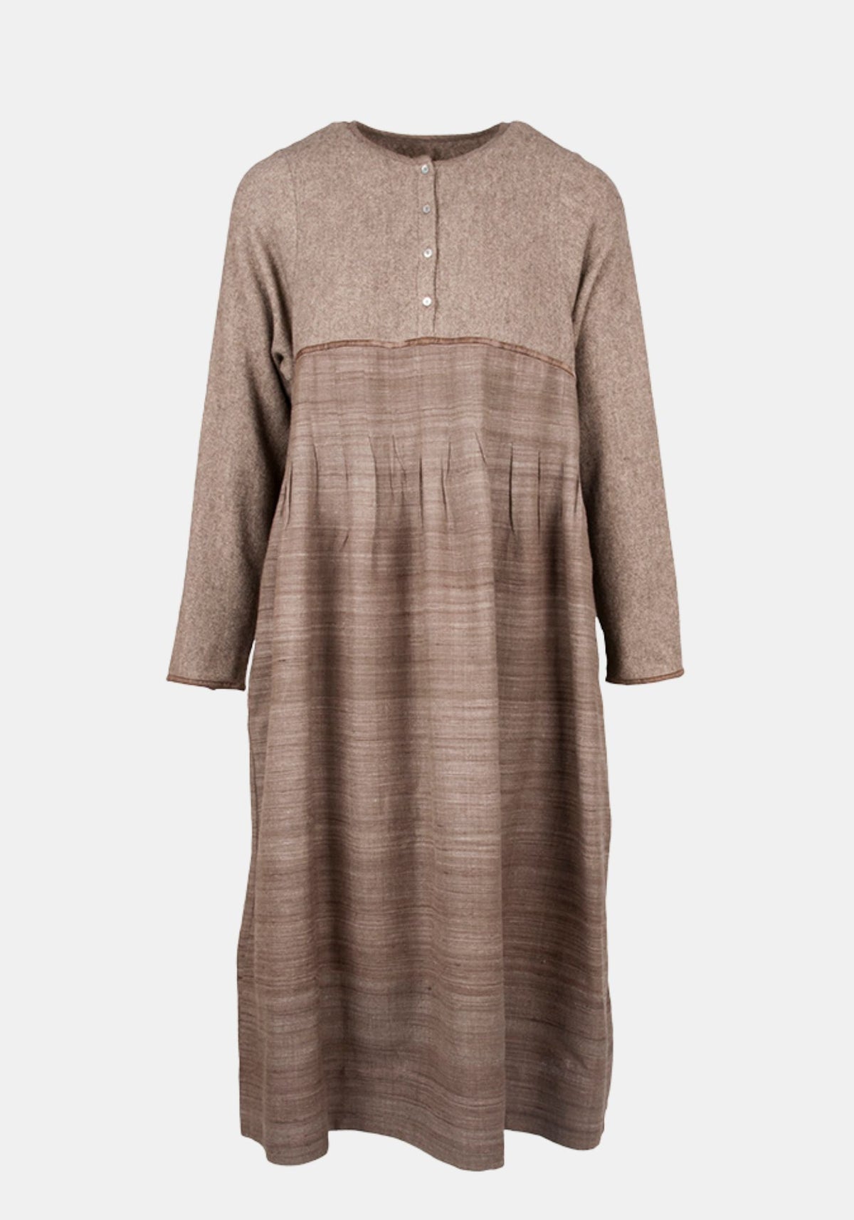 A long-sleeve midi dress in a heathered taupe-brown fabric, featuring a buttoned yoke and a gathered seam across the waist, shown against a light gray background.