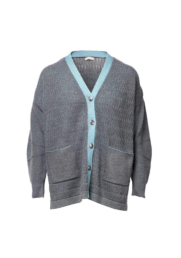 Cardigan Long Graphite – Graphite / Amaparo Blue, yak wool-silk blend, product view | Traces of Me