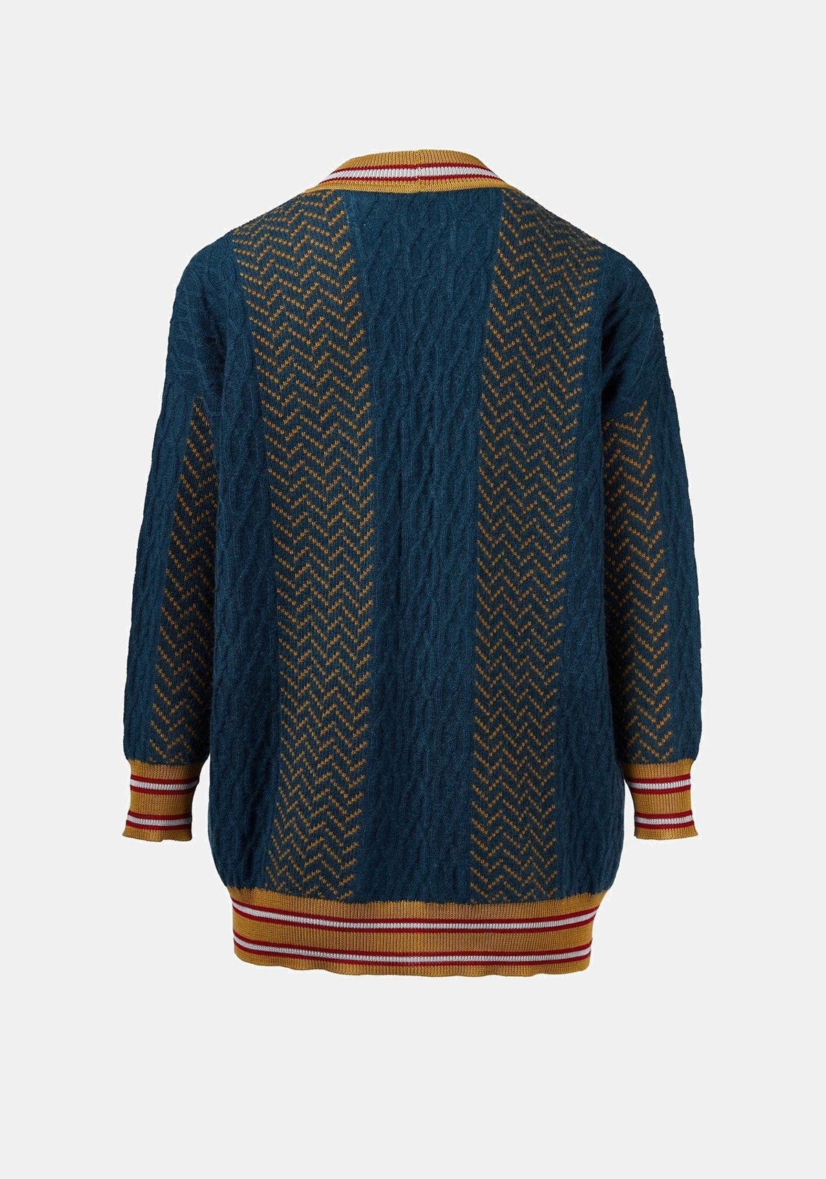 Casaco de malha Long Jacquard Cables – Amber / Navy, caxemira blend, vista alternativa | Traces of Me