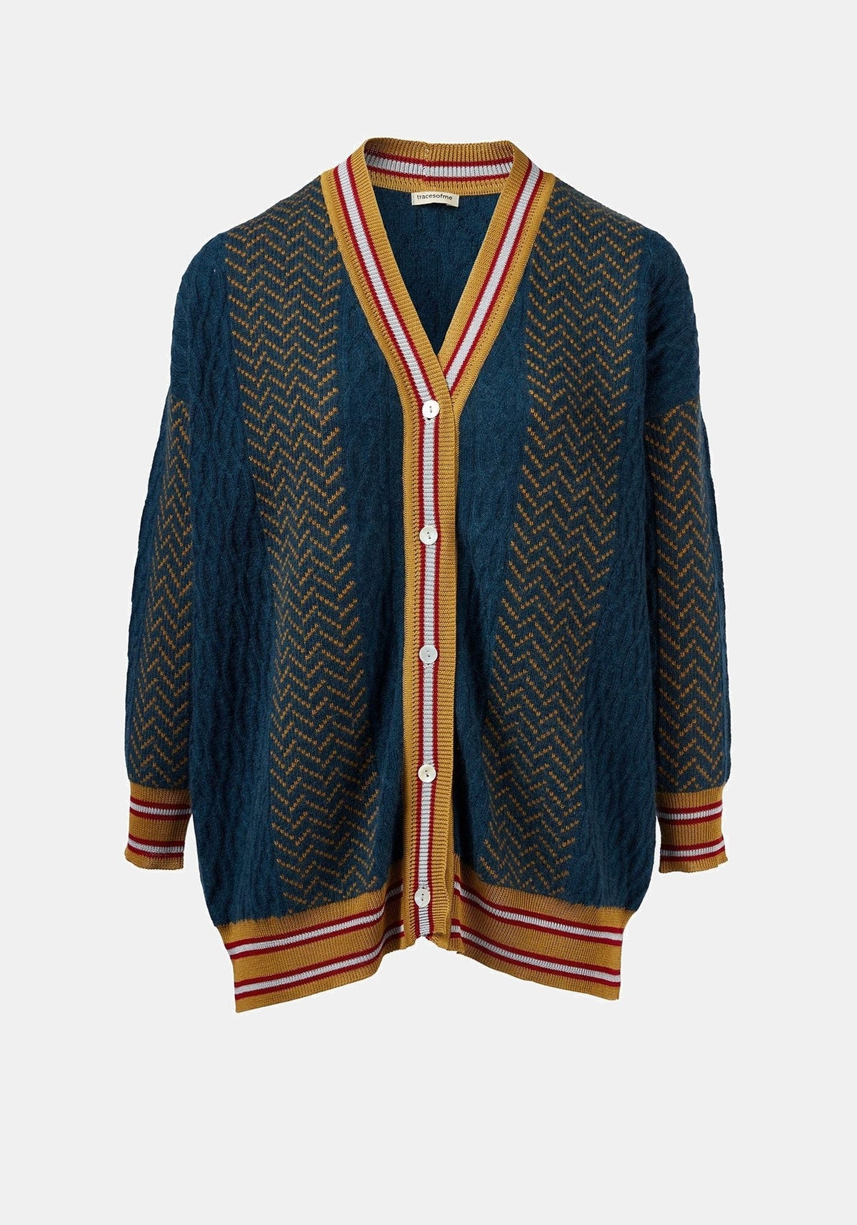 Casaco de malha Long Jacquard Cables – Amber / Navy, caxemira blend, vista de produto | Traces of Me