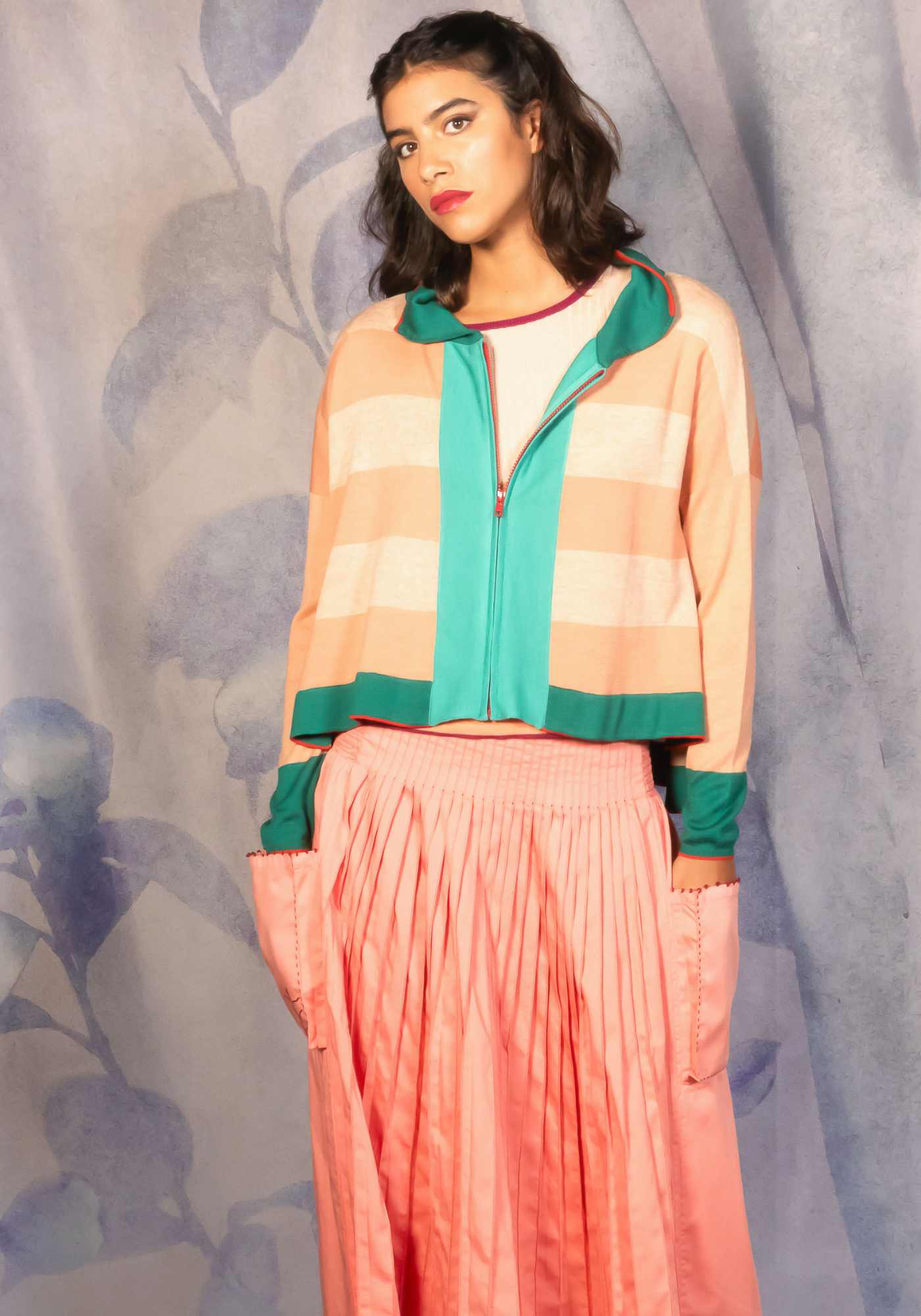 Cardigan Zip Sea Stripes Coral - Traces of Me