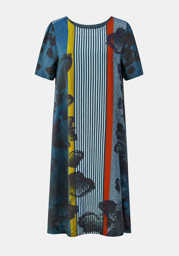Vestido Gardenia Short Sleeves Flowers and Stripes – multicolor, seda, vista de producto | Traces of Me
