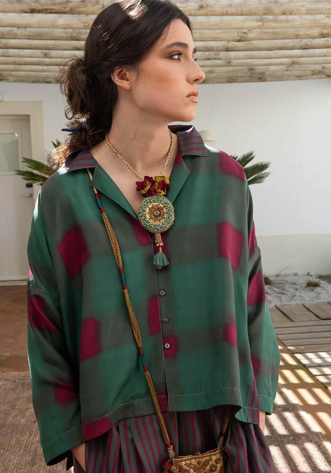 Shirt Botanic Collar Watercolour Checks Malachite Green - Traces of Me