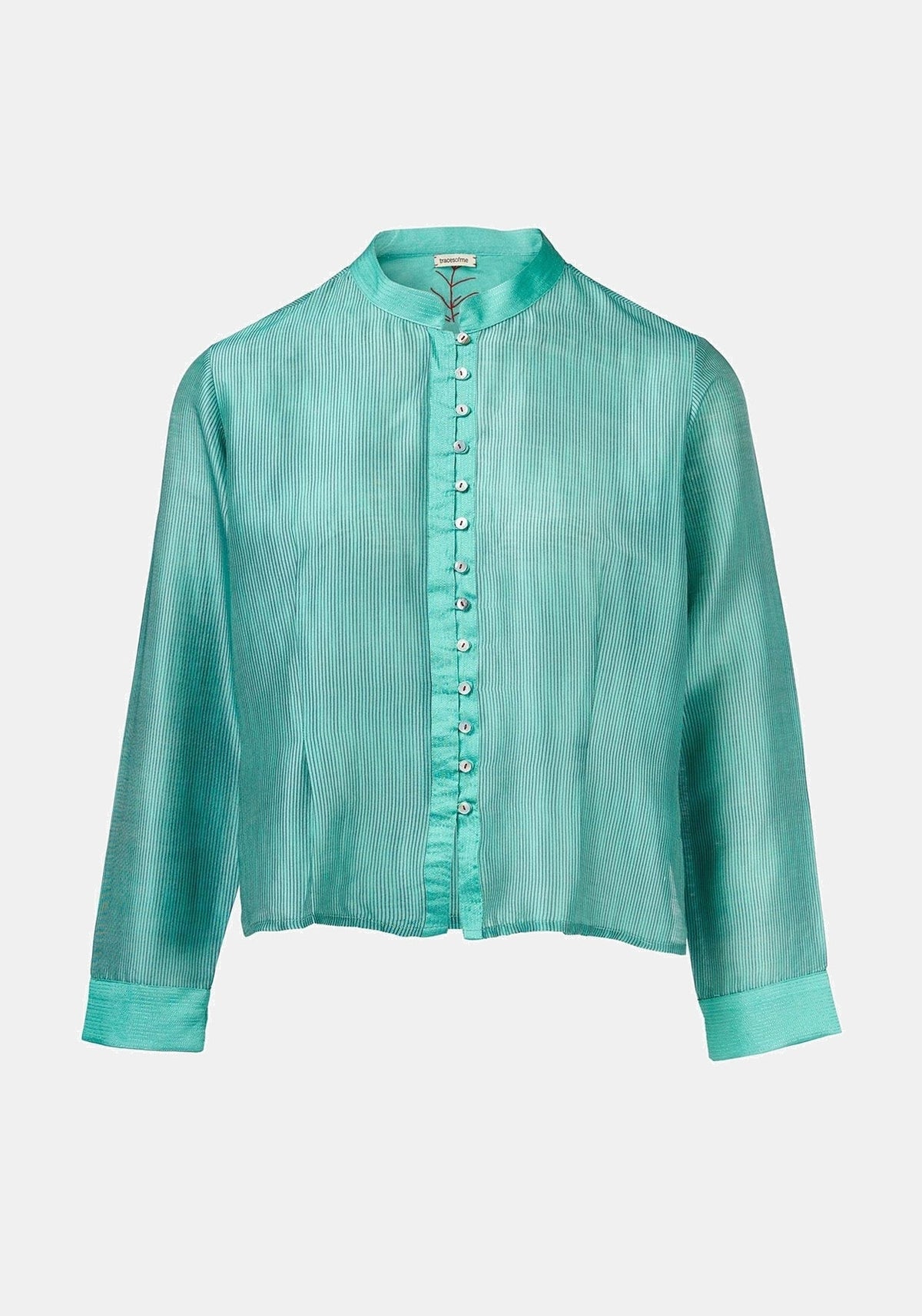 Camisa Geisha Stripes Malachite Green – seda-mistura de algodão, vista de produto | Traces of Me