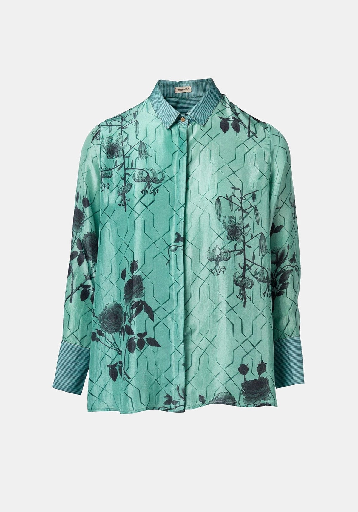 Camisa Simple Taj Flowers Malachite Green – seda-mistura de algodão, vista de produto | Traces of Me