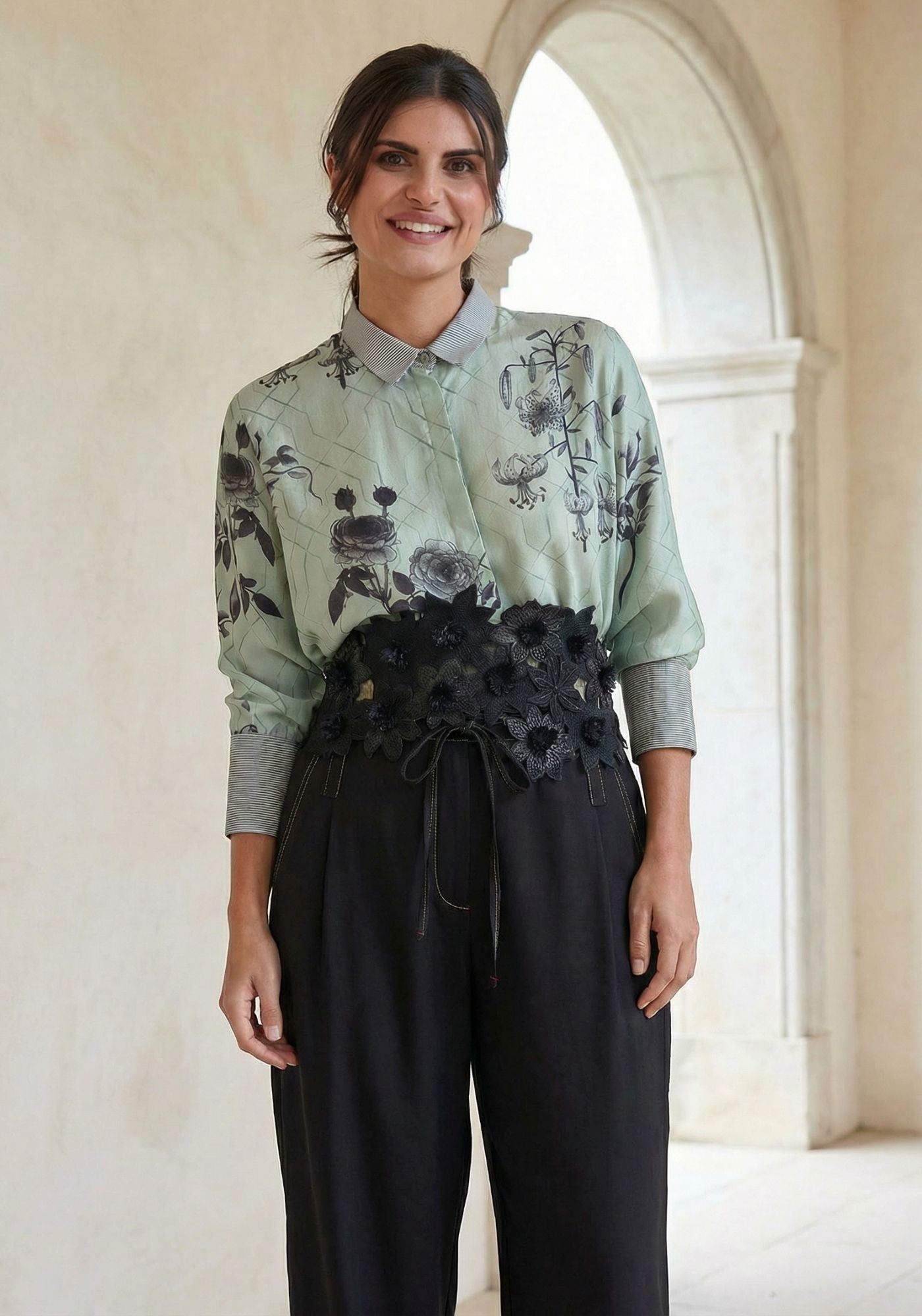 Shirt Simple Taj Flowers Silver Green - Traces of Me