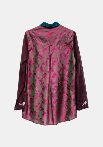 Shirt Traditional Silver Birds – Plum, silk, alternate view | Traces of Me
