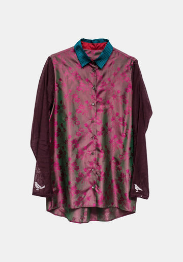 Shirt Traditional Silver Birds – Plum, silk, alternate view | Traces of Me