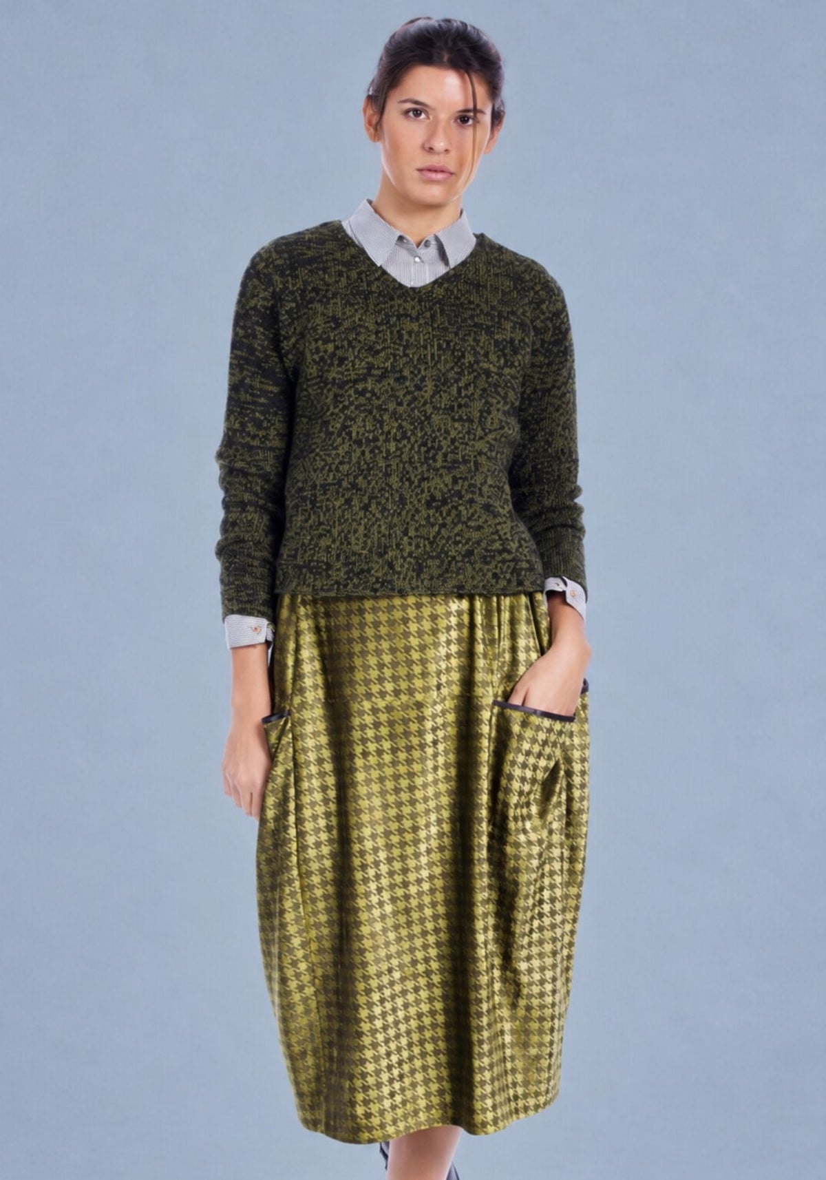 Skirt Bulb Maxy pied de Poule – Citronelle, cotton-silk blend, product view | Traces of Me