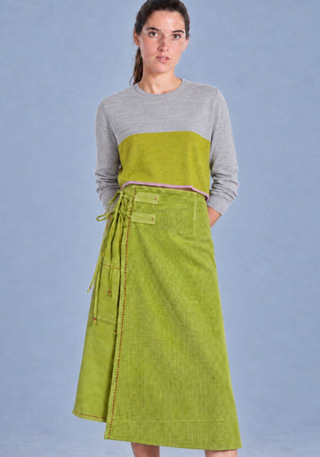 Skirt Overlap Dye – Dark Citron, cotton-silk blend, alternate view | Traces of Me