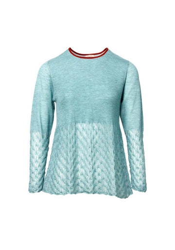 Top Key Round Neck Lace Frill Celeste – cashmere-wool blend, product view | Traces of Me