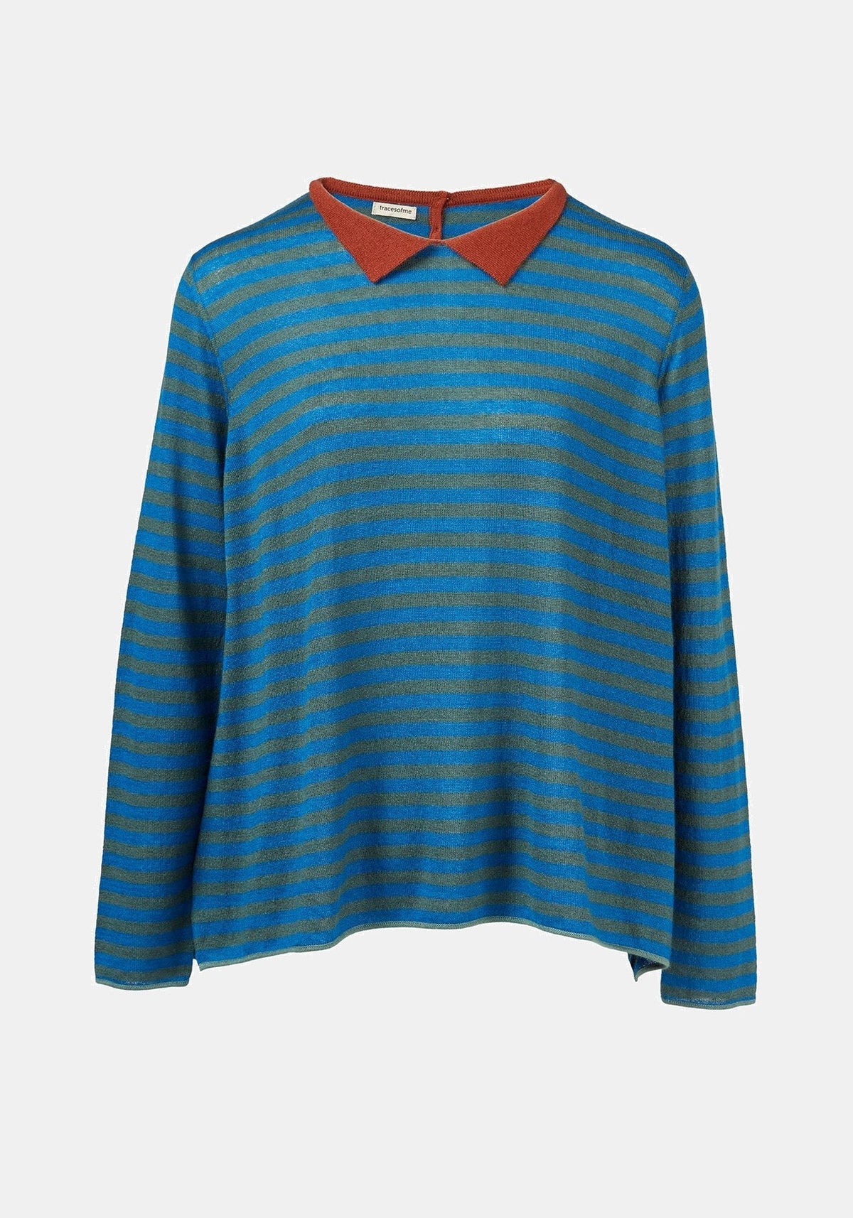 Top Key Round Neck Polo Stripes Duck Green – Duck Green / Quartz Grey, mistura de caxemira e seda, vista de produto | Traces of Me