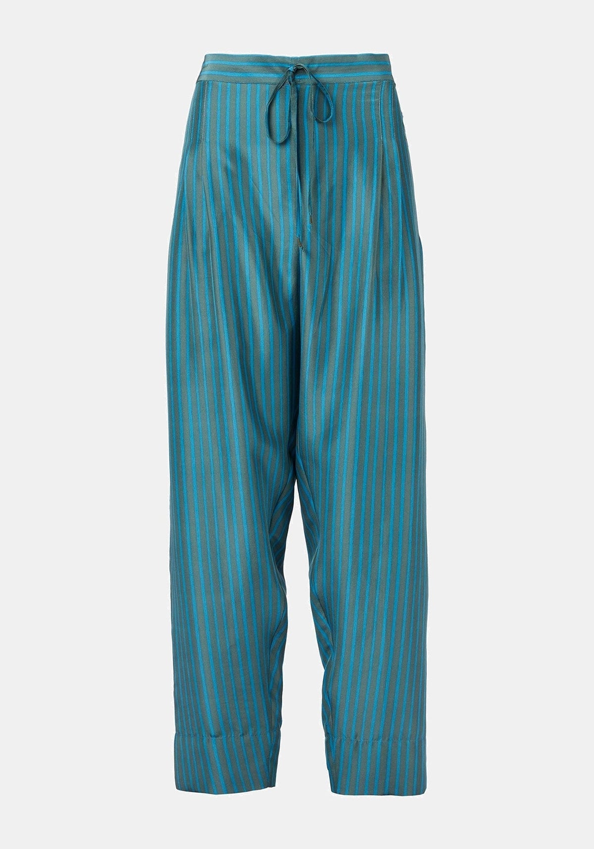 Calças Peter Stripes Duck Green l Snorkel Blue – seda, vista de produto | Traces of Me