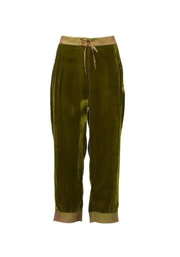 Trousers Still Velvet Mood – Leaf, silk-viscose blend, product view | Traces of Me
