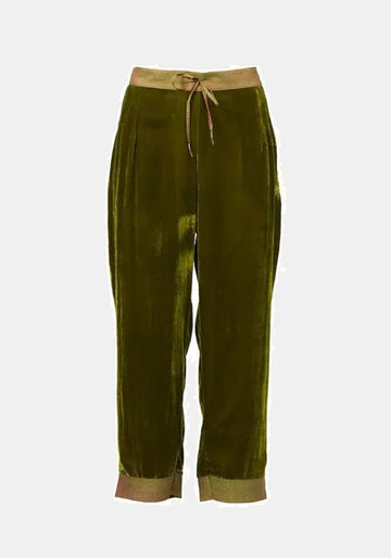 Calças Still Velvet Mood – Leaf, seda-viscose blend, vista de produto | Traces of Me