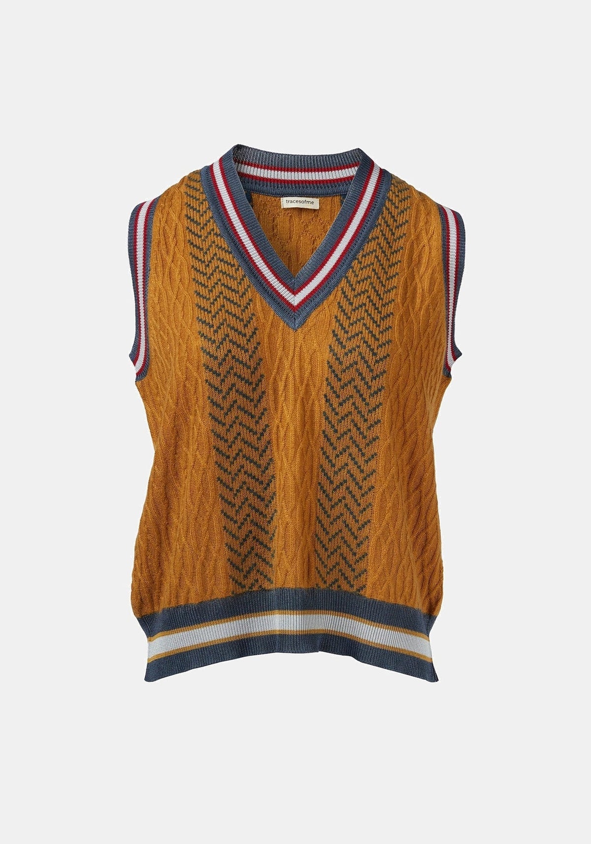 Colete Tender Jacquard Cable Amber – Amber / Navy, caxemira blend, vista de produto | Traces of Me