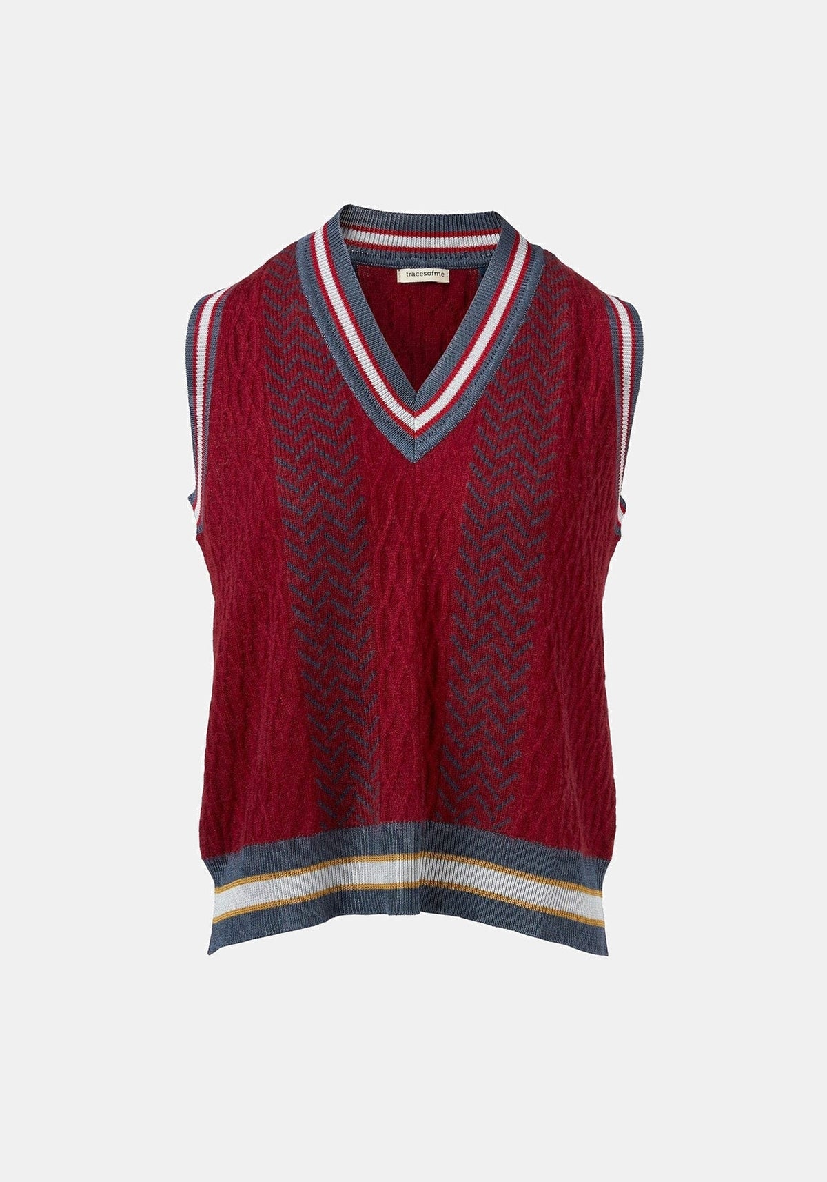 Colete Tender Jacquard Cable Cherry – Cherry / Navy, caxemira blend, vista de produto | Traces of Me
